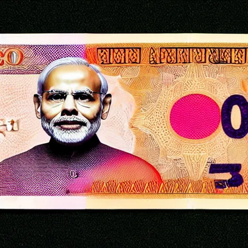 Prompt: 2000 rupees currency note with Narendra Modi's face on it, designed by H R Giger, the note also has a nano chip, pink,