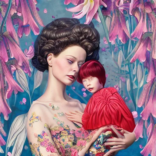 Prompt: pretty mother with child in arm with lilies : : by martine johanna and simon stalenhag and chie yoshii and casey weldon and wlop : : ornate, dynamic, particulate, rich colors, intricate, elegant, highly detailed, vogue, harper's bazaar art, fashion magazine, smooth, sharp focus, 8 k, octane render