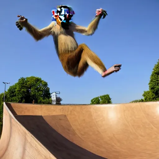 Image similar to a monkey jumping with a skateboard in a skatepark