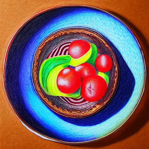 Image similar to Colored pencil art on paper, Gooseberry pie slice on a plate, highly detailed, artstation, MasterPiece, Award-Winning, Caran d'Ache Luminance