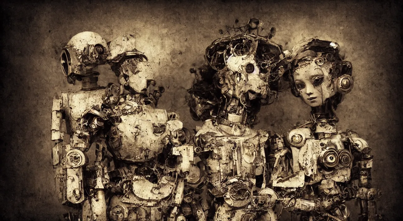 Prompt: tintype vintage photograph portrait of a beautiful female jointed art doll robot, mecha, holding each other, abandoned, broken toys, machinarium, by agostino arrivabene, by fernand khnopff, by rembrandt, steampunk, by patrick demarchelier, rendered in octane, photography, photorealistic