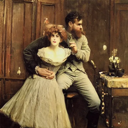 Image similar to a man and a woman solving an escape room puzzle alfred stevens