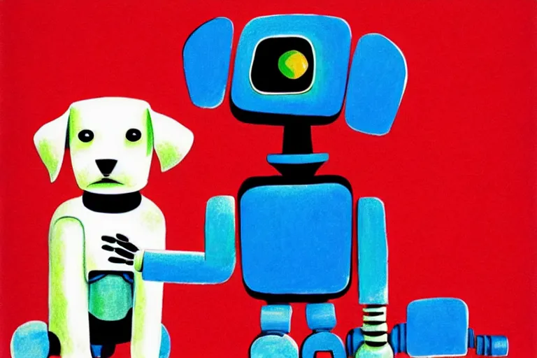 Image similar to a ( ( ( ( ( ( ( cute robot puppy cyborg ) ) ) ) ) ) ) illustration by eric carle!!!!!!!!!!!!!!!