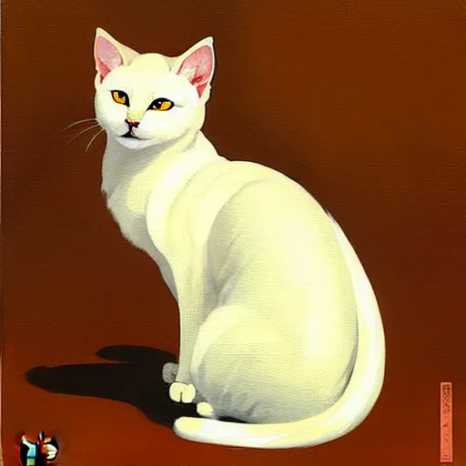 Image similar to painting of a cute white ( okami style ) ( ( kitsune ) ) cat budda with yellow patterns, plain white background, no people, art by jc leyendecker, phil hale, angular, brush strokes, painterly, crisp, portrait of a cat, cat portrait painting