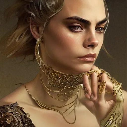 Prompt: Cara Delevigne , intricate, elegant, highly detailed, digital painting, artstation, concept art, smooth, sharp focus, illustration, art by artgerm and greg rutkowski and alphonse mucha