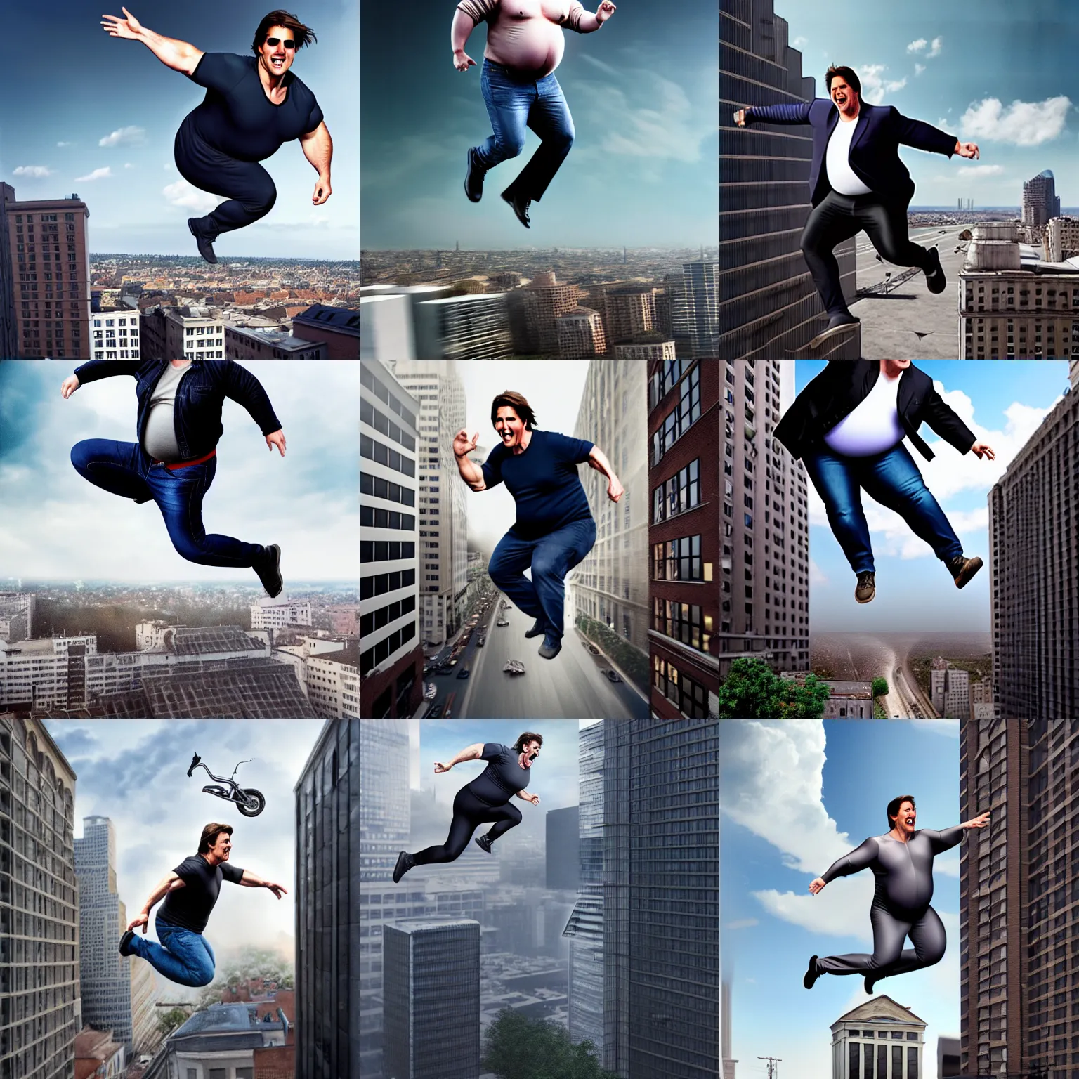 Prompt: an overly obese tom cruise jumping from building to building on the roof, hyperrealism, 4 k