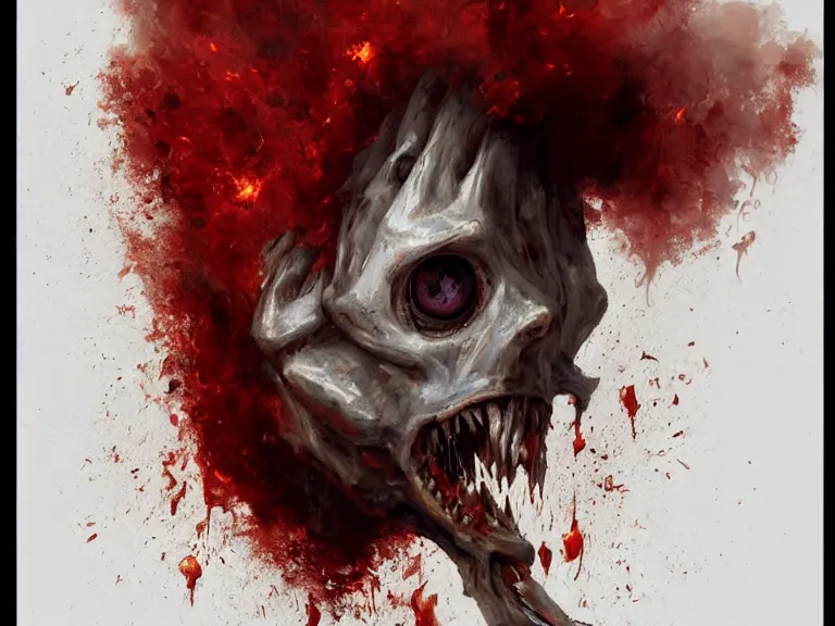 Image similar to painting by greg rutkowski of a flying human head with tears running down it's face face that is chalk white in color, with white!! tentacles coming down through the neck, fiery scorching red eyes, flying in a terrying hell like cavernous place