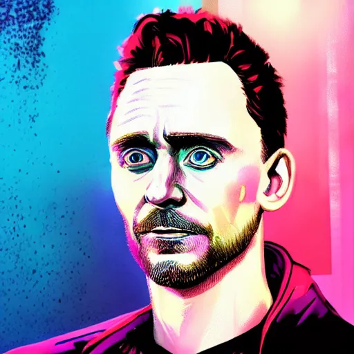 Image similar to tom hiddleston portrait, Cyberpunk 2077, cyberpsycho, photorealistic, ultra detailed, neon, octane, bokeh, cyber, cyberpunk city, feature, scars, cyberface, 8k