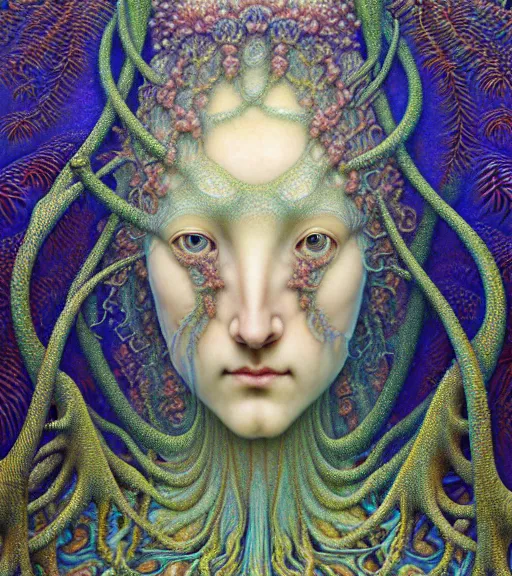 Prompt: detailed realistic beautiful coral reef goddess face portrait by jean delville, gustave dore, iris van herpen and marco mazzoni, art forms of nature by ernst haeckel, art nouveau, symbolist, visionary, gothic, neo - gothic, pre - raphaelite, fractal lace, intricate alien botanicals, ai biodiversity, surreality, hyperdetailed ultrasharp octane render