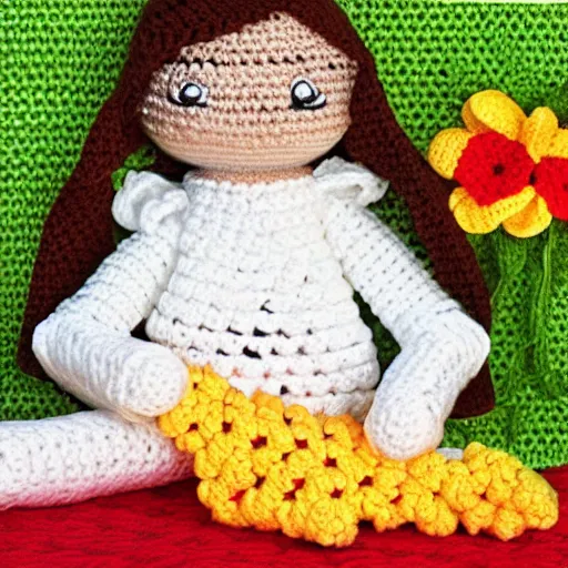 Image similar to product image of a cute crochet grandma made of crochet who's making a crochet. high resolution