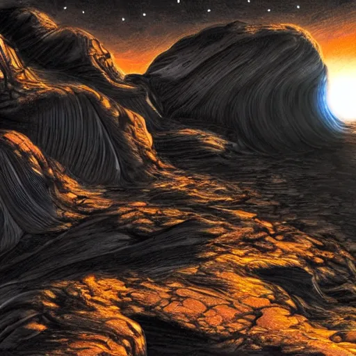 Image similar to fine illustration of exaggerated landscape gorge on an exoplanet, alien edifice, rock formations, twilight