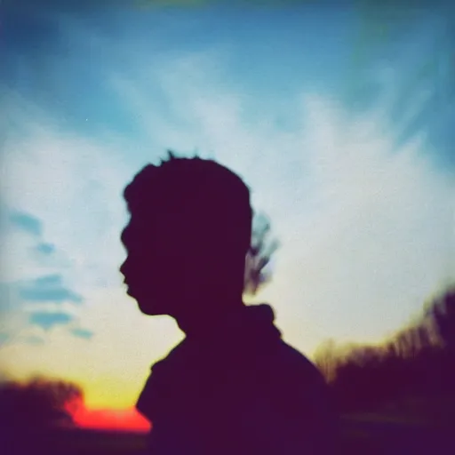 Image similar to instant photograph of a young person, looking to the camera, face only, polaroid, raw, beautiful, nostalgic, light leak, sunset, clouds, park