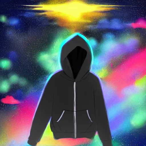 Prompt: boy dressed a black hoodie, flying in galaxy, lo-fi style, digital art, trending on ArtStation, detalied, high quality,