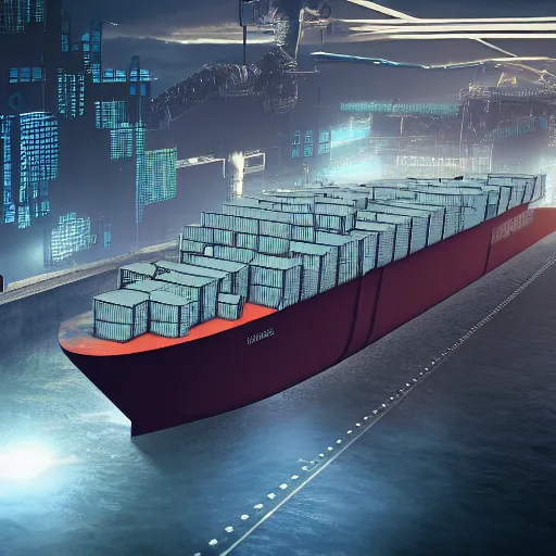 Image similar to photo of Immense industrial futuristic cargo ship arrives at cyber punk city sea port, cinematic lighting, photo