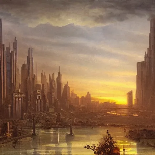 Prompt: vista of a city at sunset, the city is a sprawling renaissance city that is built amidst brutalist cyclopean architecture without skyscrapers and overgrown by the rainforest, rpg, hubert robert, cityscape, vista, dying earth, gene wolfe