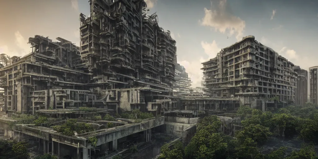 Image similar to an extremely detailed building, ancient brutalist architecture, streetscapes, surrounded by lush green forest and murky ponds of water, stunning volumetric lighting, sunset, rusted steel, smooth solid concrete, stunning skies, trending on Artstation, 8k, photorealistic, hyper detailed, unreal engine 5, IMAX quality, cinematic, epic lighting, in the style of the game DOOM, by Greg Rutkowski