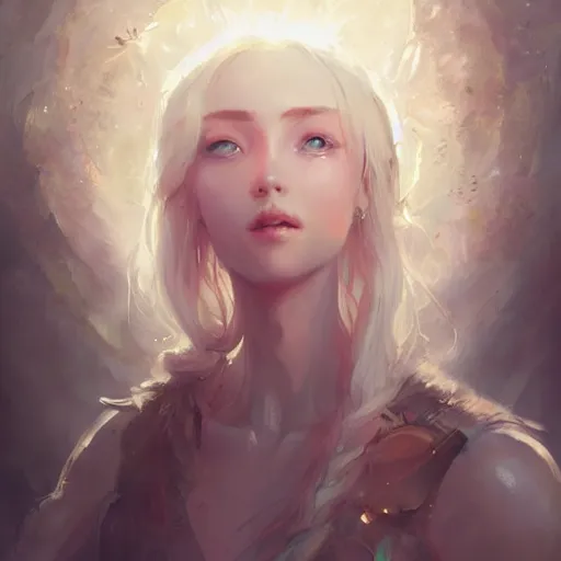 Image similar to a portrait of a beautiful lady with adorable eyes, light smiling, art of wlop and greg rutkowski, epic fantasy art, bright light masterpiece, ray of light through white hair