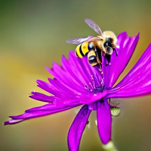 Prompt: bee robot sucking nectar flower, macro shot, sharp and detail
