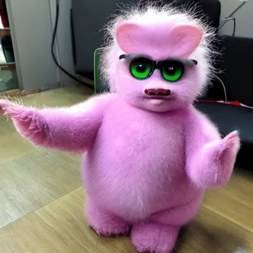 Prompt: photo of an obese giant hairless furby that has been completely shaved and had pinkish skin