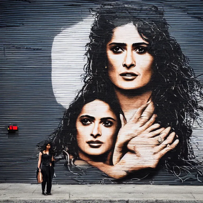 Image similar to Street-art portrait of Salma Hayek in style of Banksy, long hair like a waves around the face, photorealism, Sony a7R