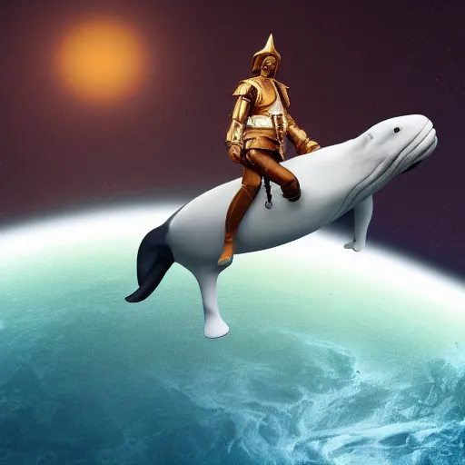 Image similar to Conquistador on Saturn riding a beluga whale, hyper-realistic, cinematic, 4k, render