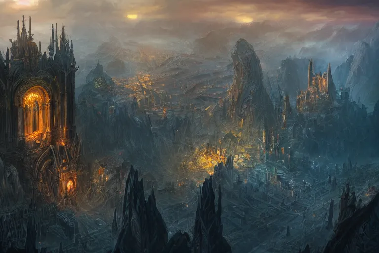 Prompt: high aerial shot, fantasy landscape, sunset lighting ominous shadows, cinematic fantasy painting, dungeons and dragons, a port city, harbor, bay, with an elvish fortress inspired by the syndey opera house by jessica rossier and brian froud and hr giger