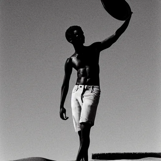 Image similar to photo portrait of a chocolate prince melting in the desert sun, 2 0 0 mm lens, shot on grainy film, photography, hyperrealism, bokeh