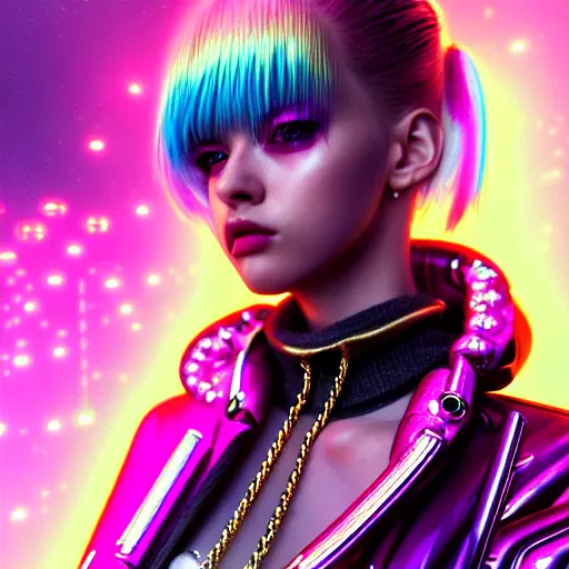 Prompt: hyperdetailed portrait of a stunningly beautiful pink cyberpunk cute european girl made of metals and shiny iridescent gems, bright rainbow nimbus, gold necklace, reflective puffer jacket, smoke background inspired by ross tran and masamune shirow and kuvshinov, intricate, photorealistic, octane render, rtx, hdr, unreal engine, dnd digital art by artgerm