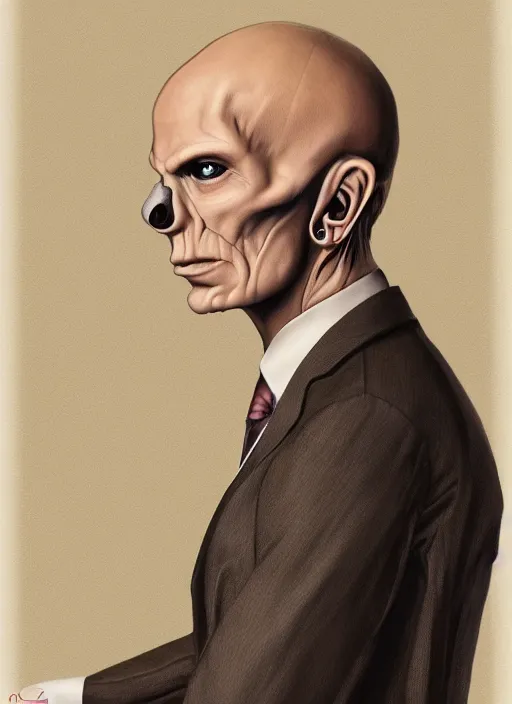 Image similar to a hyper realistic portrait of a handsome male alien in a suit