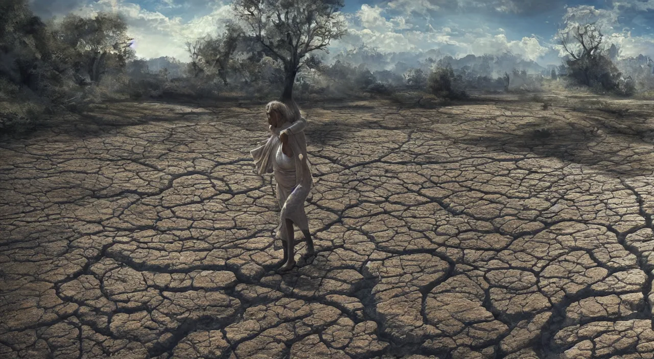 Image similar to Giant 65-year-old giant Gaia woman crying as she walks over a dried up river, blue sky, warm and sunny, highly-detailed, elegant, dramatic lighting, artstation, 4k, cinematic landscape