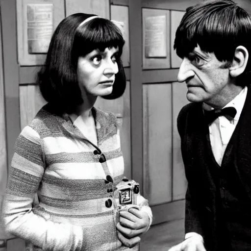 Image similar to The Second Doctor stepping out of the Tardis with his companion Polly, colourised, high definition