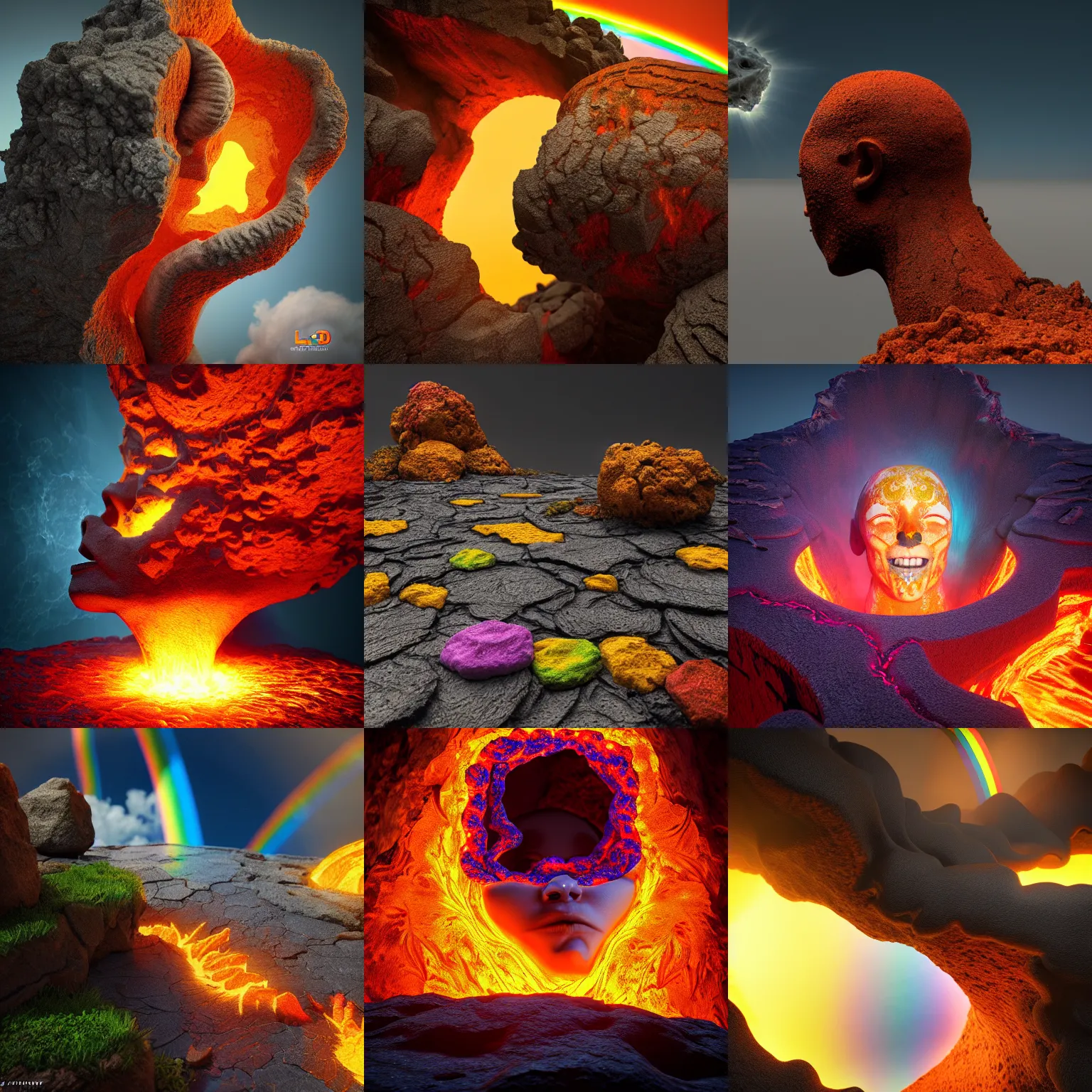 Prompt: a highly detailed crisp unreal engine render of a clow head ripped through lava flower and a rainbow sky, ling xiang, Etienne Hebinger, Ilya Nazarov, Marcus Whinney, artstation 3D render