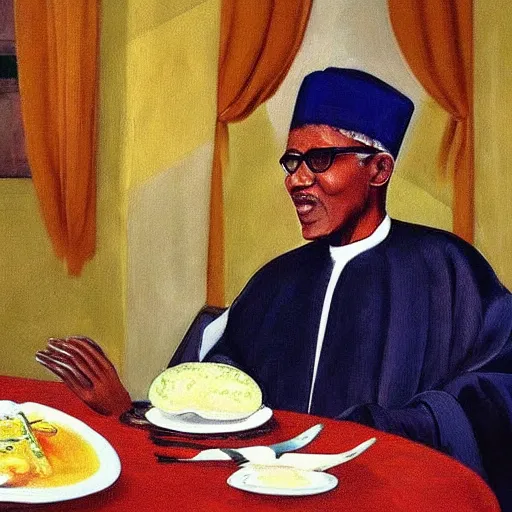 Prompt: president muhammadu buhari sitted at a lavish banquet with shiny trays and dishes with food minimalist solid background the great feast regal ornamental, iridescent in the style of edward hooper and henri matisse oil painting