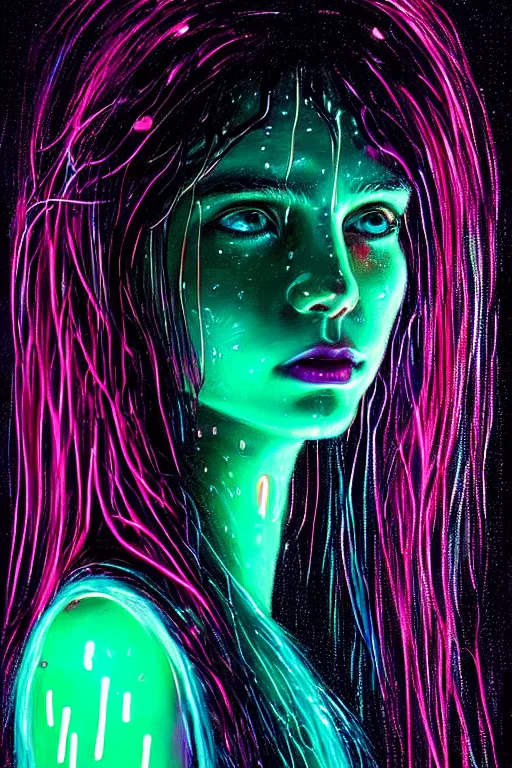 Image similar to portrait of a girl in the glowing neon rain with wet hair and face, fantasy, intricate, elegant, dramatic lighting, emotionally evoking symbolic metaphor, highly detailed, lifelike, photorealistic, digital painting, artstation, concept art, smooth, sharp focus, illustration, art by John Collier and Albert Aublet and Krenz Cushart and Artem Demura and Alphonse Mucha