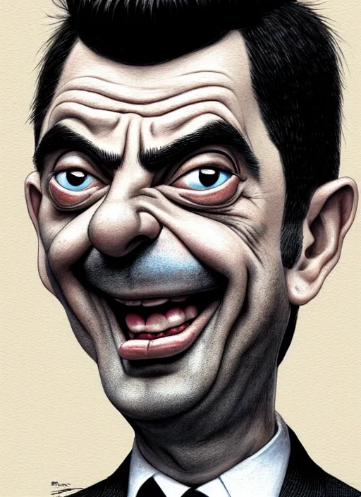 Prompt: highly detailed pencil sketch caricature portrait of silly mr bean gangster by ross tran, by greg rutkowski, brush strokes, 4 k resolution, light blue pastel background