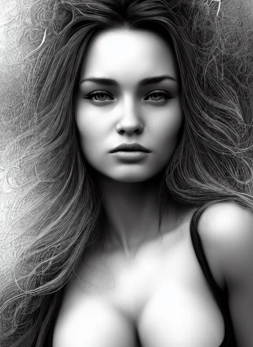 Prompt: up close portrait of a beautiful woman in black and white, photorealistic, intricate hair, art by diego fazio and diegoKoi and oscar Ukono, concept art, sharp focus, artgerm, 8k highly detailed