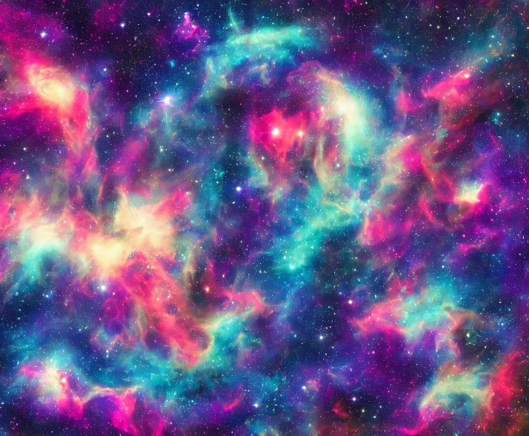 Image similar to space whales, colorful nebula