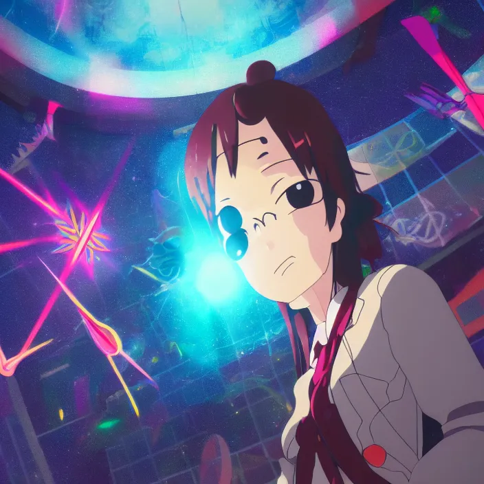 Image similar to close up of mamimi samejima from flcl, psychedelic background, epcot, inside a space station, eye of providence, female anime character, Ruan Jia, giygas