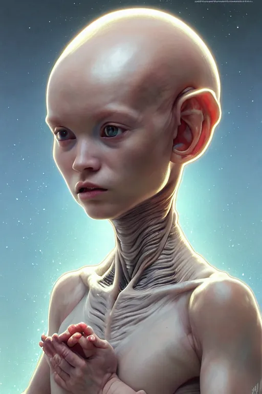 Image similar to clear portrait of a baby alien, cottagecore!!, background hyper detailed, character concept, full body, dynamic pose, intricate, elegant, highly detailed, digital painting, artstation, concept art, smooth, sharp focus, illustration, art by artgerm and greg rutkowski and alphonse mucha