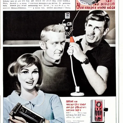 Image similar to 1 9 6 6 magazine ad with young lady holding a diy hf transceiver and surprised middle - aged man next to her, orwocolor