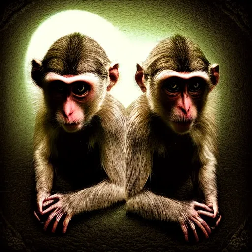 Image similar to two macaques looking at each other inside victorian mansion, digital art, soft shadows, creepy art, sun flare