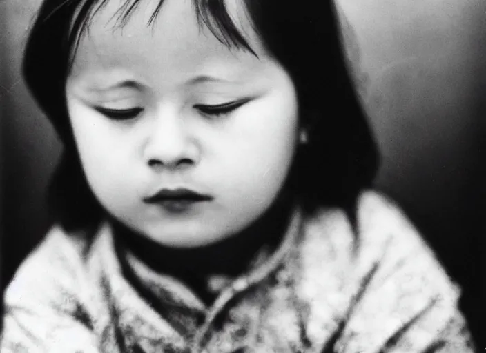 Prompt: high _ resolution _ black _ and _ white _ portrait _ with _ a _ 3 5 mm _ f _ 5. 0 _ lens _ of _ a _ single _ child _ single _ head _ from _ soviet _ russia with eyes closed with a sorrowf