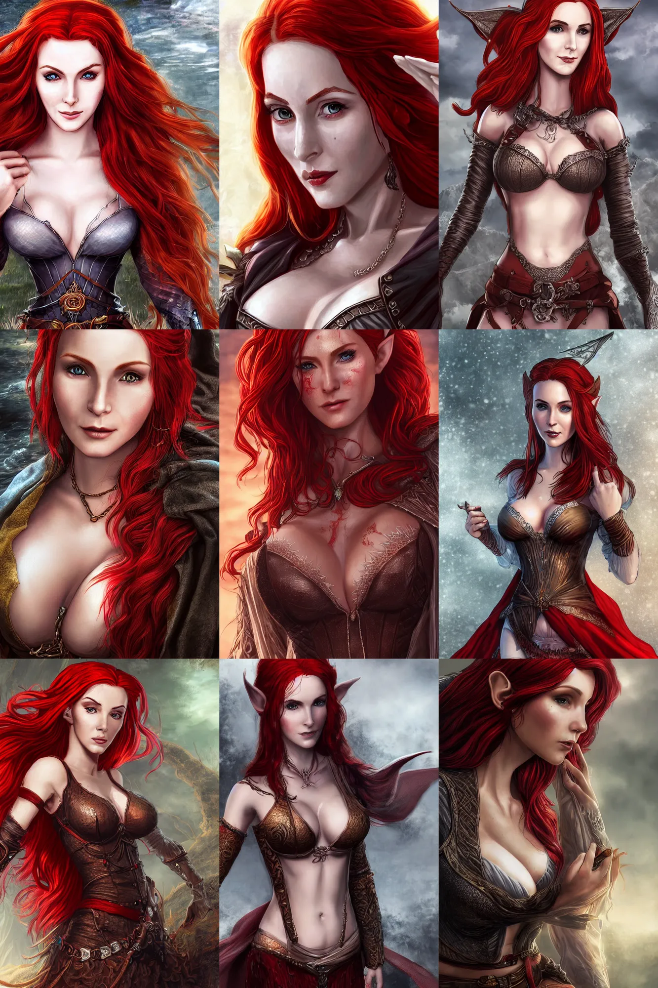 Prompt: alluring highly detailed digital matte painting close-up portrait of beautiful elf (Triss from Witcher 3) with pale skin flowing red hair wearing chesty chainmail bikini and a long black cloak, very detailed, realistic, manga, pen and ink