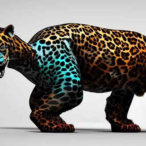 Image similar to portrait of a cyberpunk cyborg jaguar animal snarling, octane render