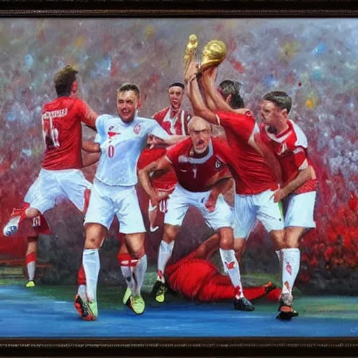 Image similar to polish football national team winning World Cup oil painting