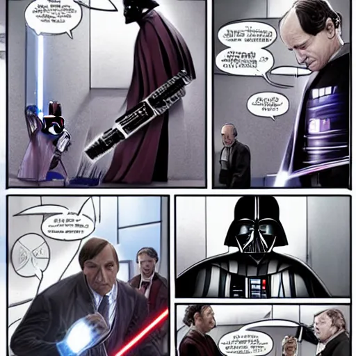 Prompt: saul goodman lightsaber duel with darth vader on the death star, highly detailed