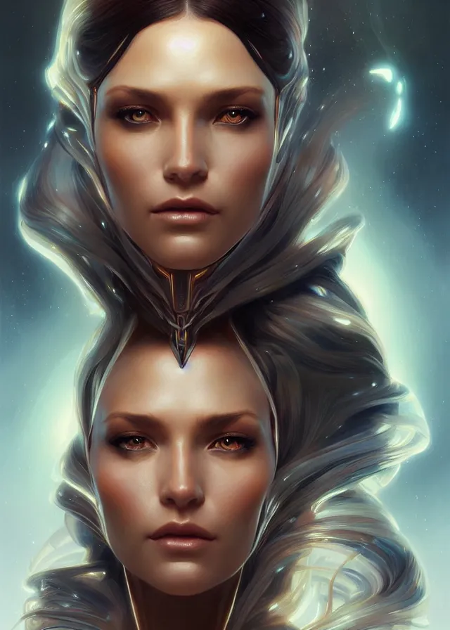 Image similar to futuristic woman portrait, sci-fi, amber eyes, face, long hair, fantasy, intricate, elegant, highly detailed, digital painting, artstation, concept art, smooth, sharp focus, illustration, art by artgerm and greg rutkowski and alphonse mucha