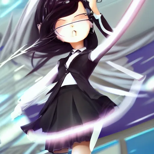 Image similar to luxury advertisement, astonishing portrait of a very beautiful anime schoolgirl with black bob hair in style of cytus and deemo, full perfect face, she is dancing, set in Half-life. Realistic, highly detailed background, artstation, 120 degree view, drawn by Sasoura, Satchely and Akihiko Yoshida, no distortion