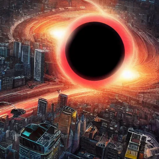 Prompt: black hole rising above city, city destroyed by shockwave, black hole with accretion disс, digital art, art by gonzalo fuenmayor, asher brown durand