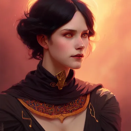 Prompt: Portrait of jovial female wizard, D&D, red eyes, face, short black hair, fantasy, intricate, elegant, highly detailed, digital painting, artstation, concept art, smooth, sharp focus, illustration, art by artgerm and greg rutkowski and alphonse mucha